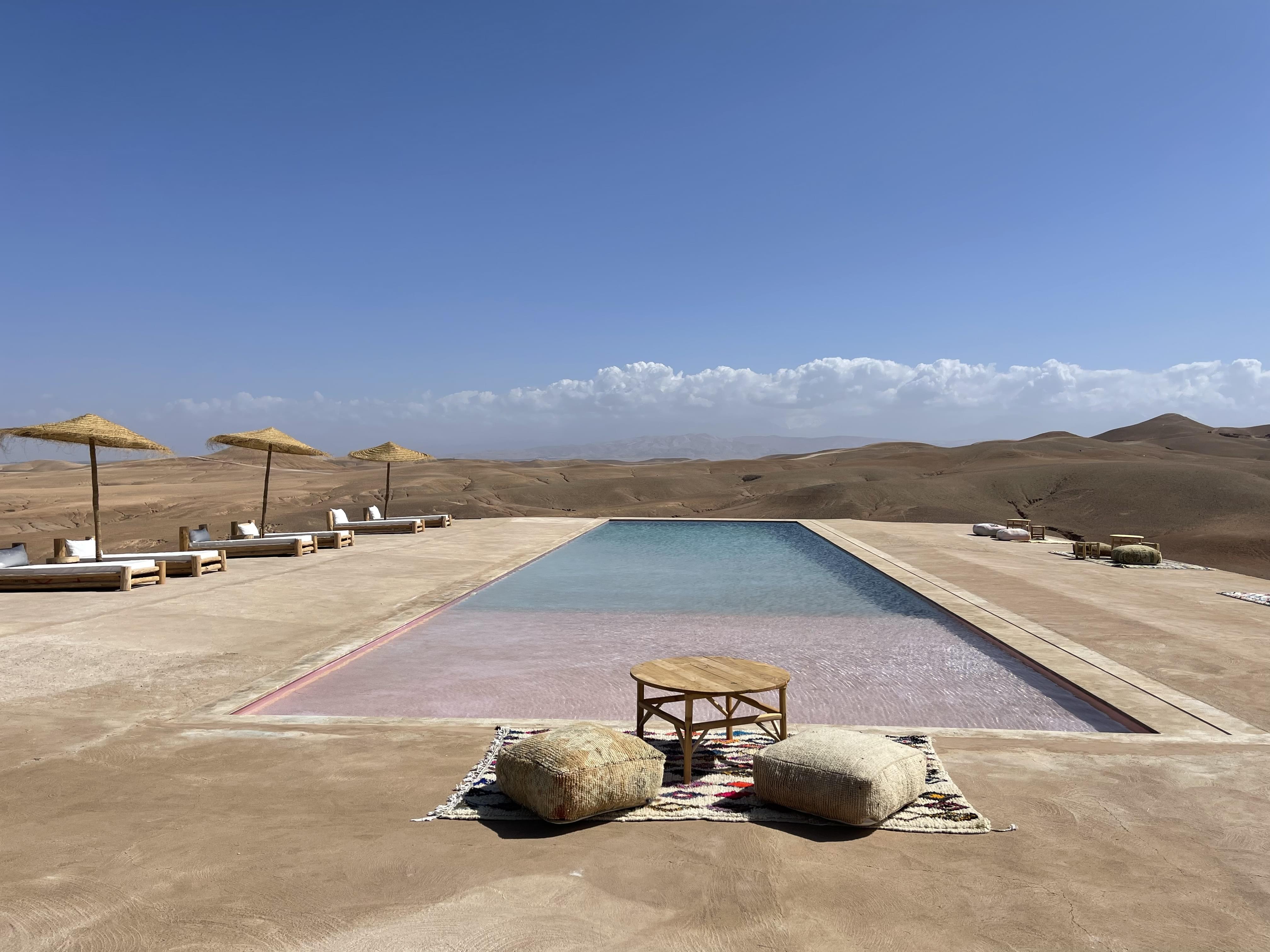 Alkamar Camp in the Agafay Desert near Marrakech with Atlas Mountains backdrop