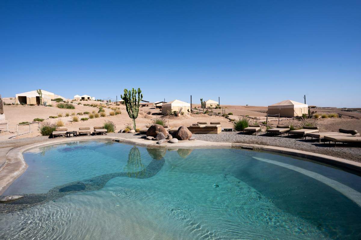 Inara Camp in the Agafay Desert near Marrakech — luxury tents with pool and Atlas Mountains views