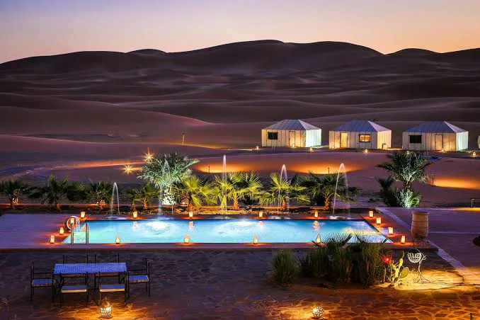 Sunset over the Moroccan desert dunes