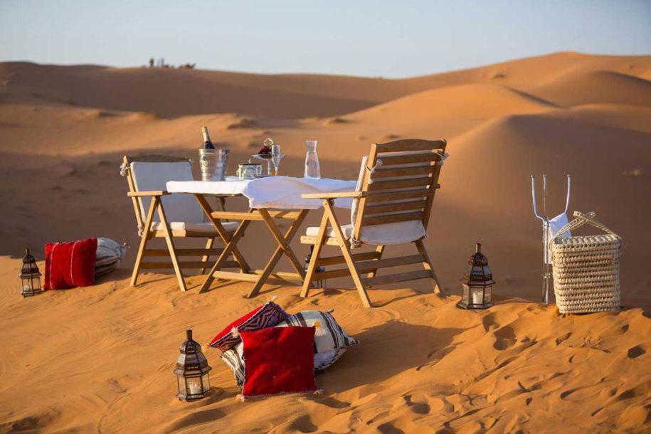 Romantic sunset dinner in the Merzouga dunes