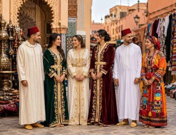 Group wearing traditional Moroccan wedding dress — kaftans, takchitas and djellabas — in the Marrakech medina