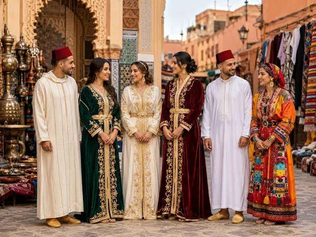 Group wearing traditional Moroccan wedding dress — kaftans, takchitas and djellabas — in Marrakech